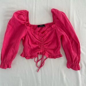 Bershka Women’s Small Ruched Front Crinkle Crop Top Pink